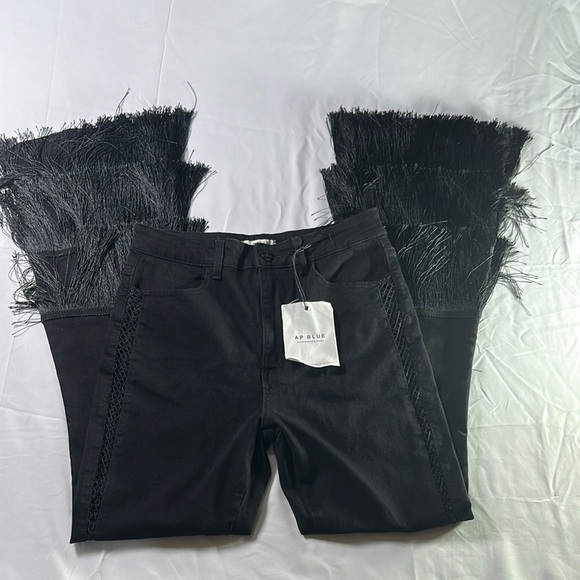 Black Flare Jeans with Dramatic Fringe - Picture 2 of 9